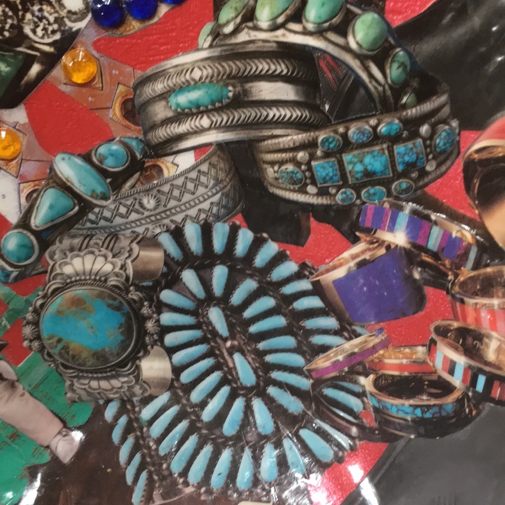 Hand Crafted Vintage Bowl Colorful Southwest Cowboy boots Jewelry Decoupage Art - Picture 4 of 11